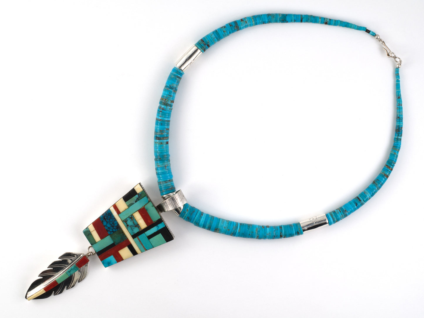 45680 - Sterling Silver Turquoise Necklace w/ Removable Coral Onyx Bone Mosaic Feather Pendant