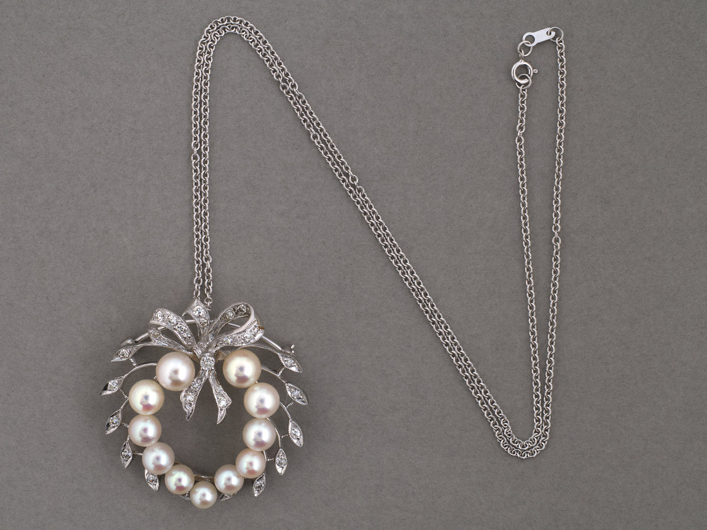 45682 - Gold Diamond Pearl Heart Shape Bow Circle Pin Pendant Necklace