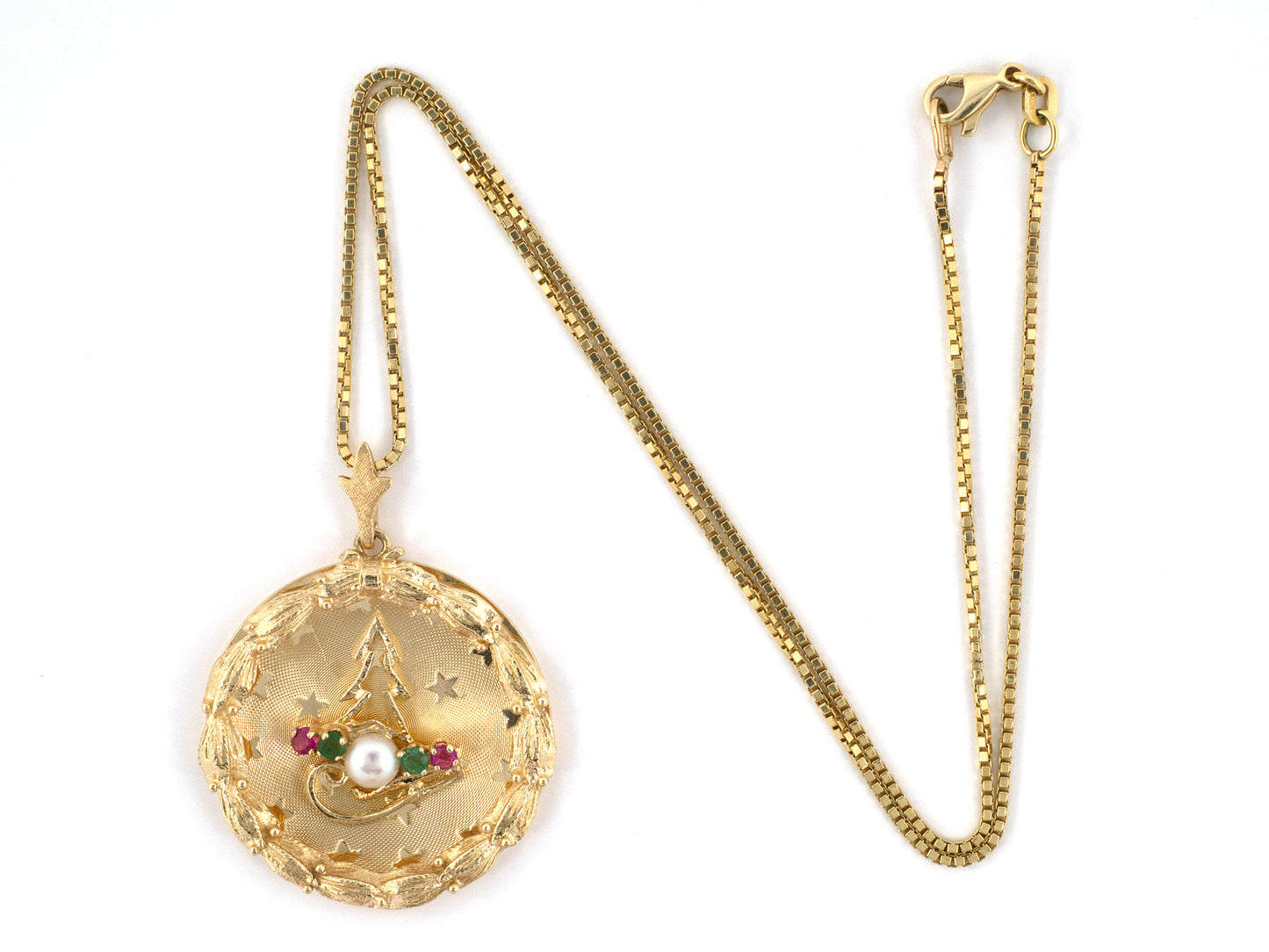45683 - Gold Pearl Emerald Ruby Holiday Winter Pendant