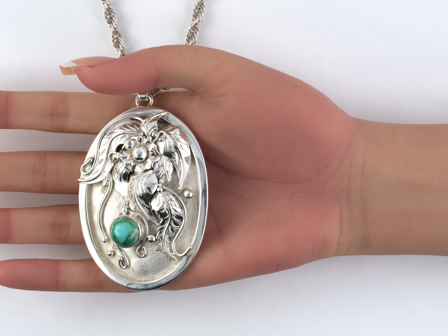 45686 - Sterling Silver Turquoise Carved Floral Leaf Pendant Necklace