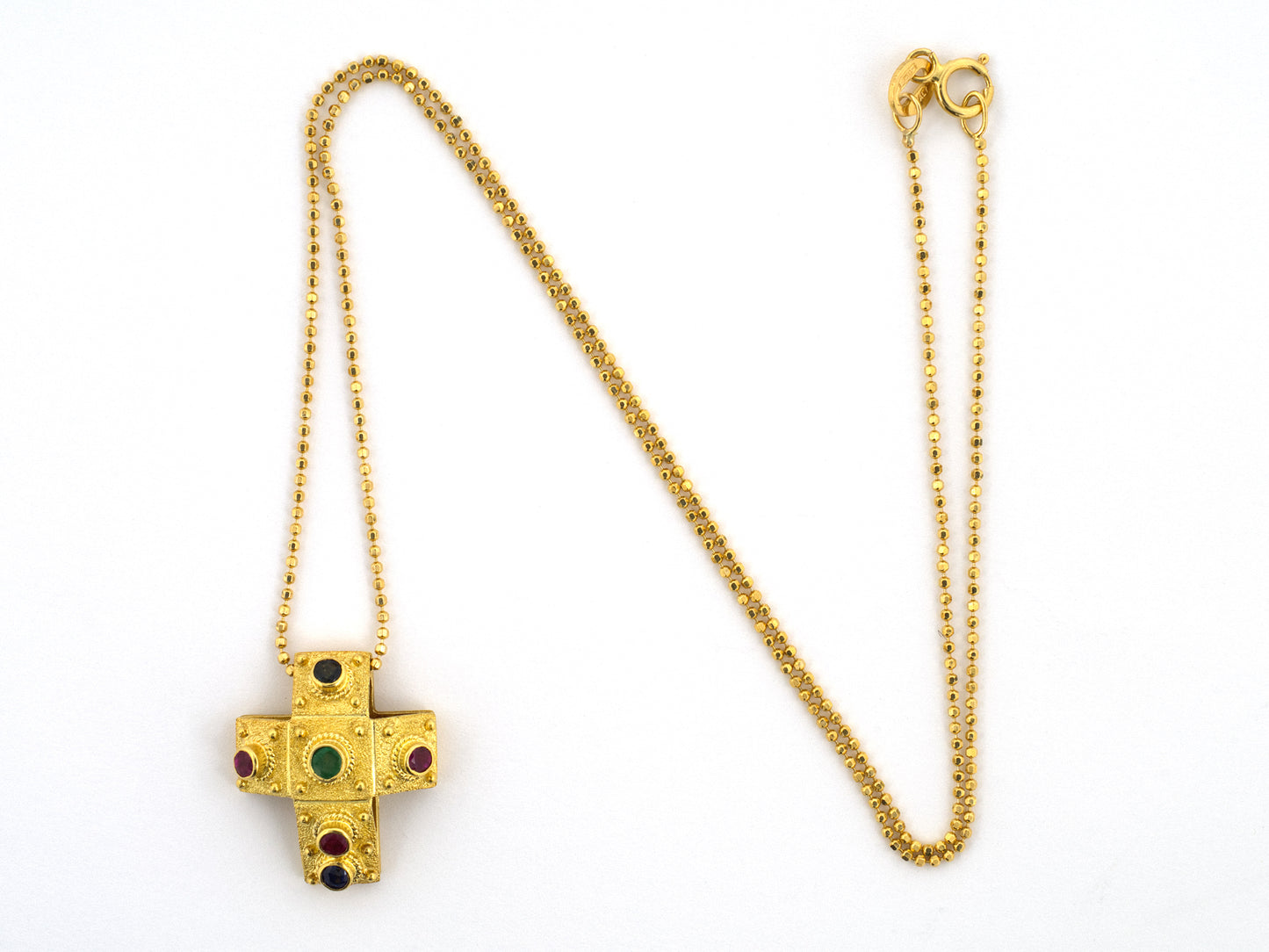 45695 - Gikas Greek Gold Emerald Sapphire Ruby Beaded Cross Pendant