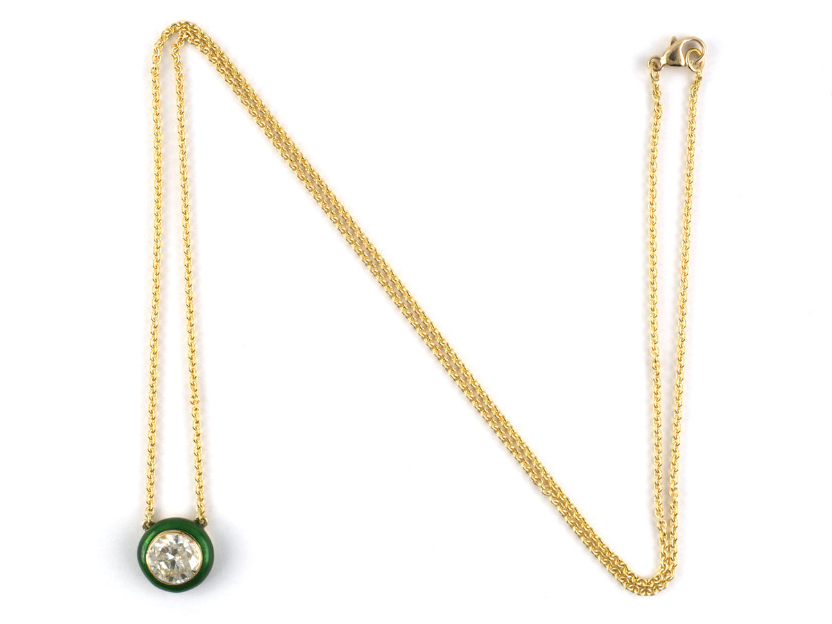 45701 - Cerro Gold Diamond Green Enamel Solitaire Pendant Necklace
