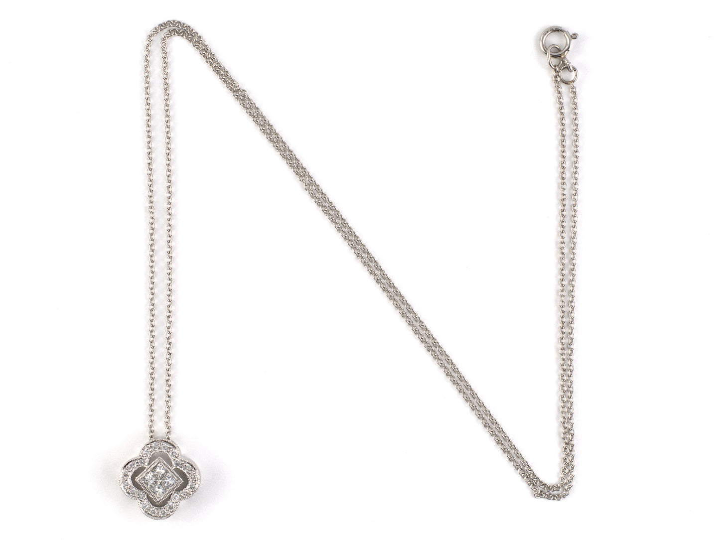 45707 - Platinum Diamond Scalloped Border Square Center Pendant Necklace