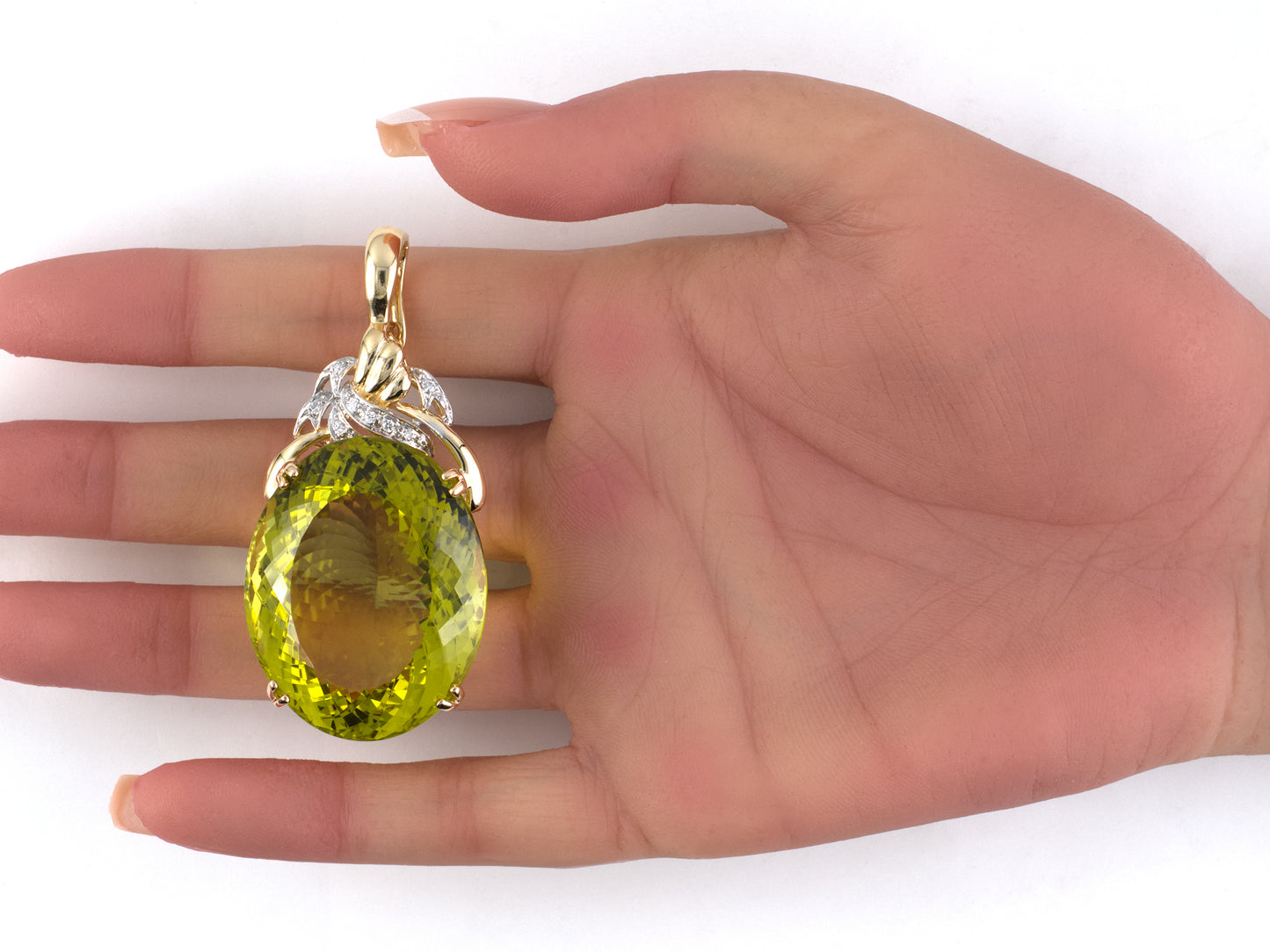 45717 - Gold Diamond Green Quartz Floral Design Bead/Pearl Enhancer Oval Pendant