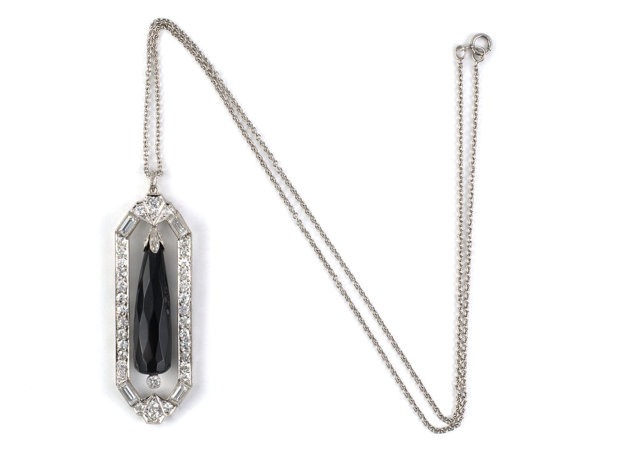 45724 - Art Deco Platinum Diamond Onyx Drop Dangle Pendant Necklace