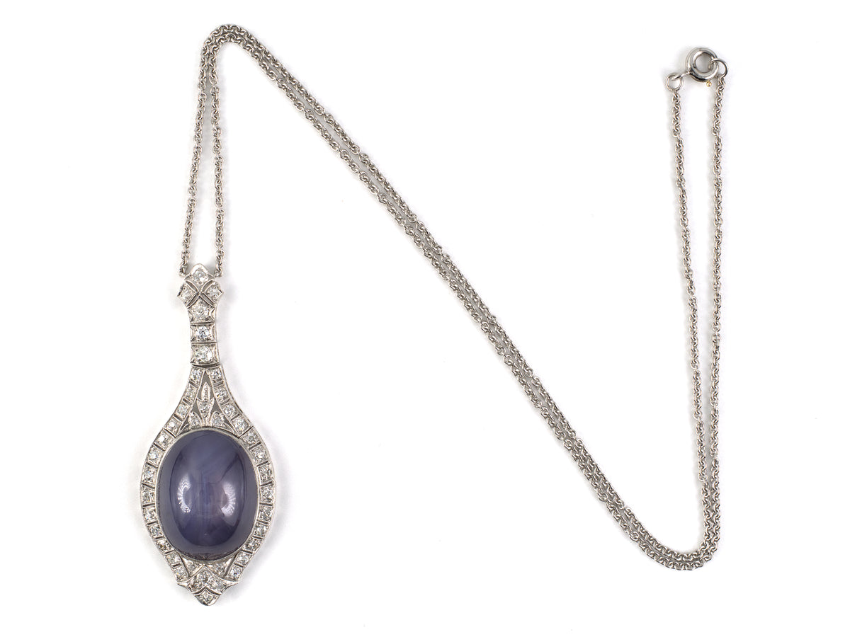 45730 - Art Deco Platinum Diamond Purple Star Sapphire Pendant Necklace