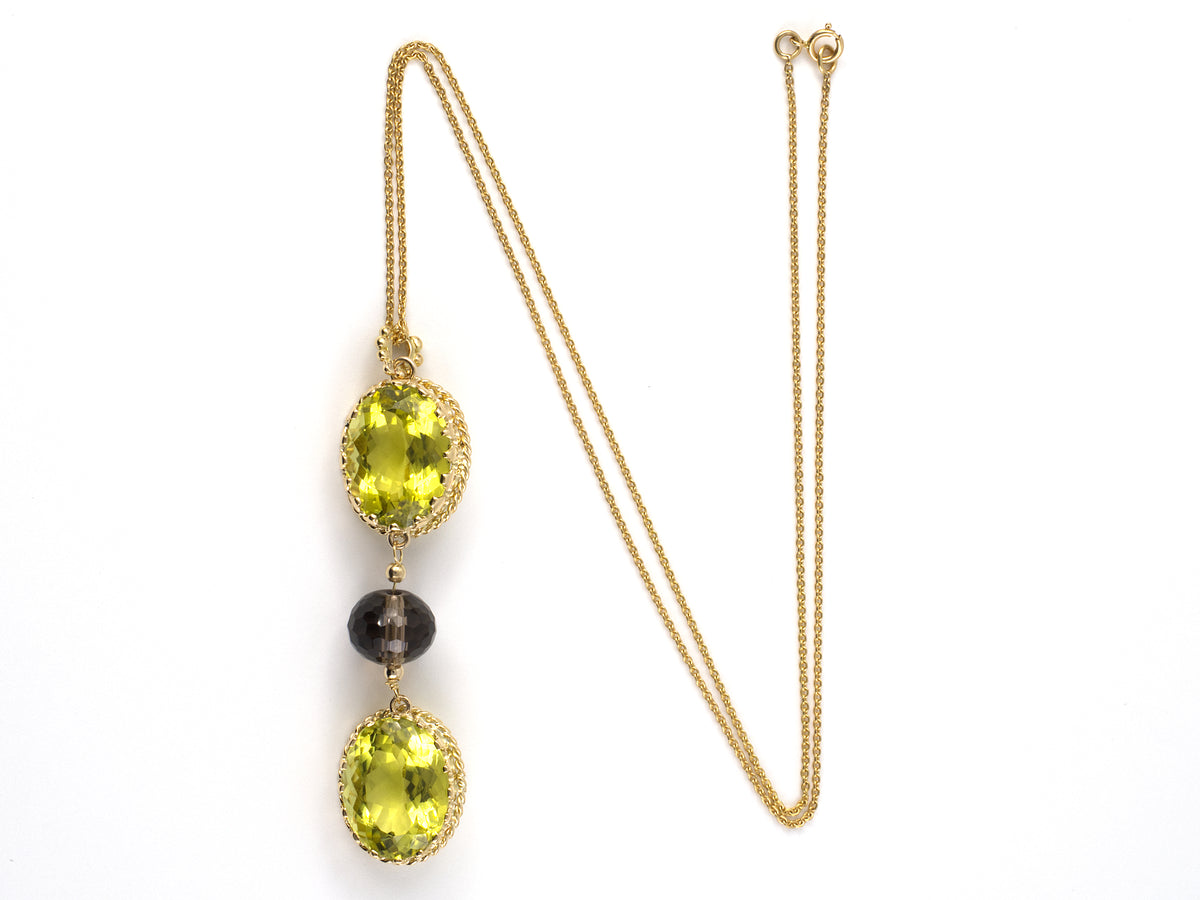 45744 - Gold Green & Smoky Quartz Drop Pendant Necklace