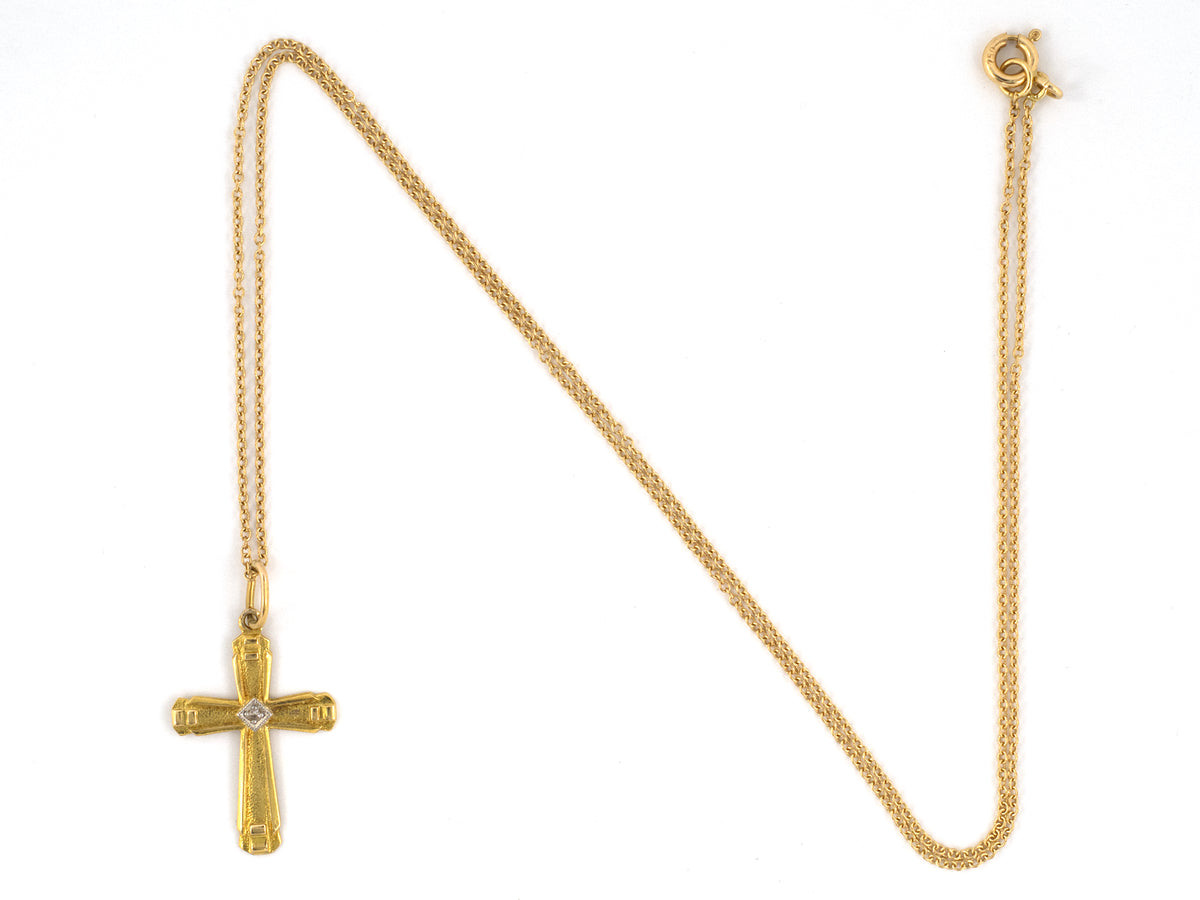 45749 - Victorian Gold Platinum Diamond Stippled Cross Pendant Necklace