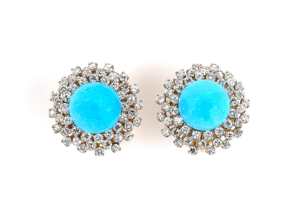 53864 - Circa 1945 Gold Turquoise Diamond Clip Backs Earrings
