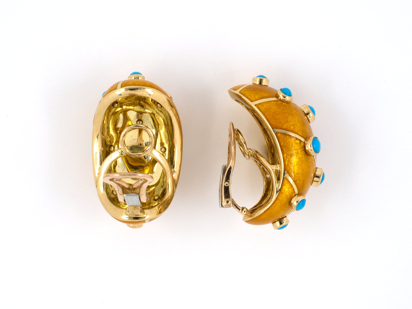54043 - Circa 1970s Tiffany Schlumberger Banana France Gold Turquoise Golden Enamel Hoop Earrings