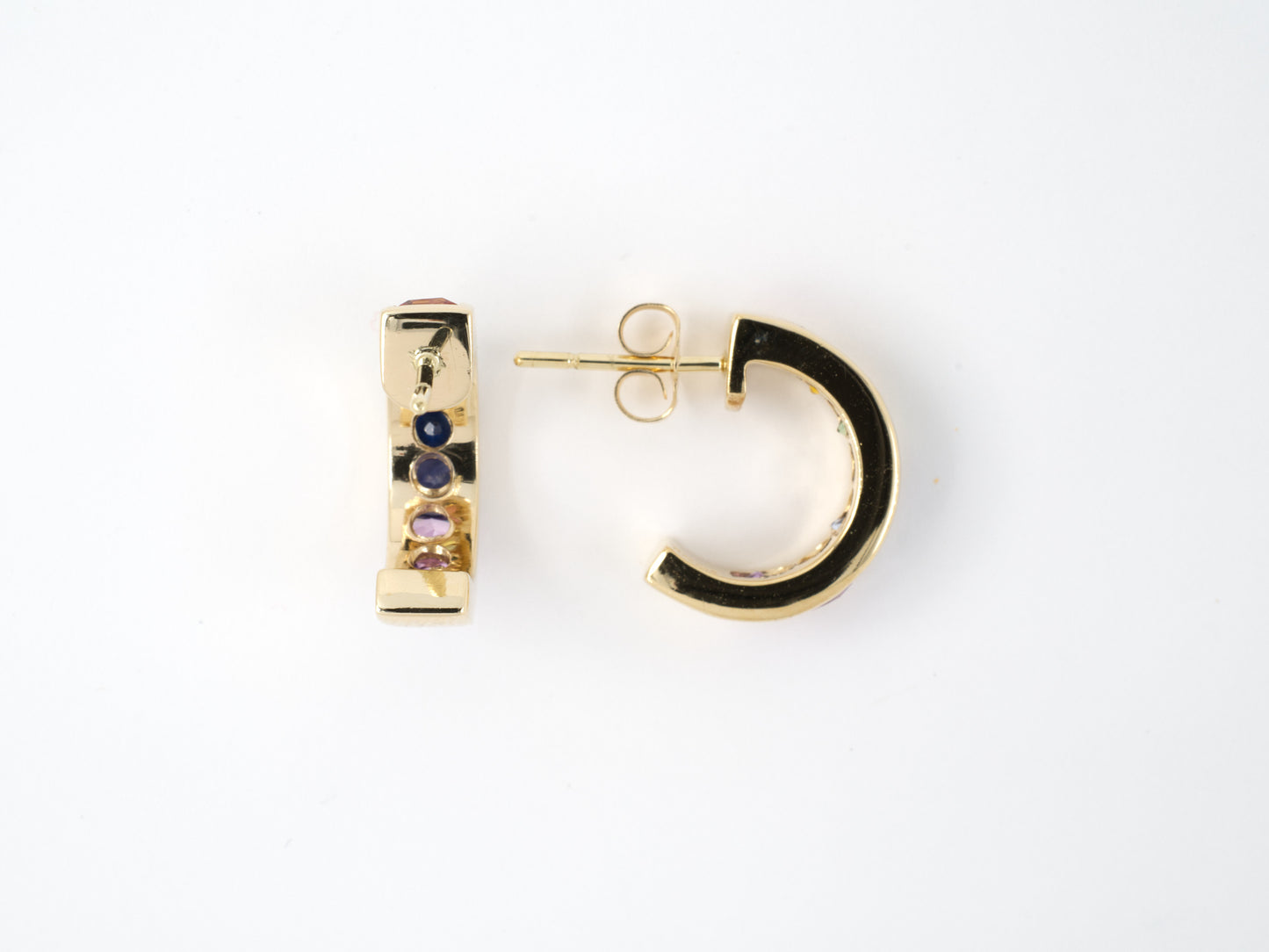 54138 - Gold Rainbow Channel Set Multi Color Sapphire Hoop Earrings