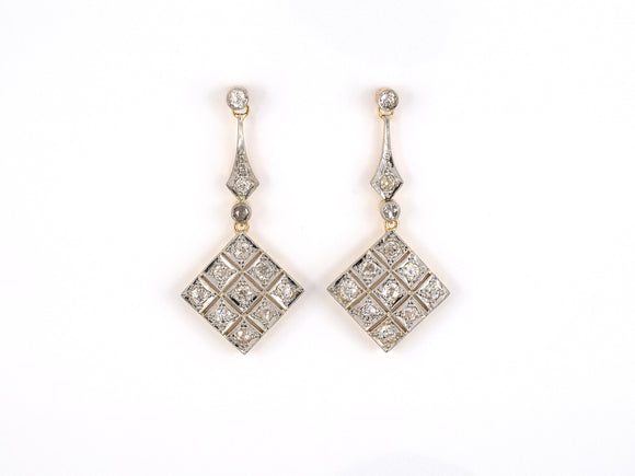 54172 - Art Deco Platinum Gold Diamond Navette Shape Dangle Drop Earrings