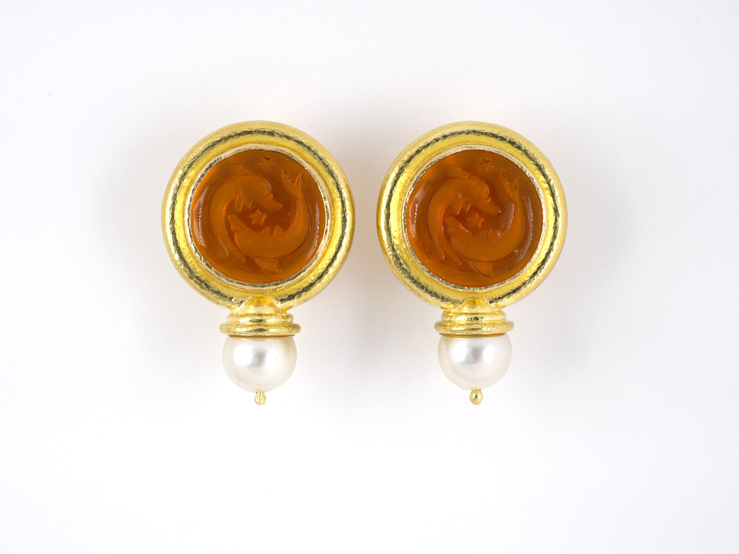 54192 - SOLD - Elizabeth Locke Gold Pearl Orange Color Venetian Glass Carved Dolphin Intaglio With Mother Of Pearl Backing Earrings