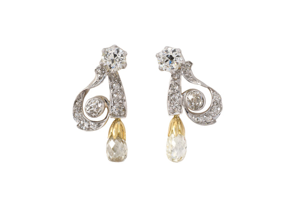 54208 - Edwardian Platinum Gold Diamond Scroll Briolette Drop Earrings