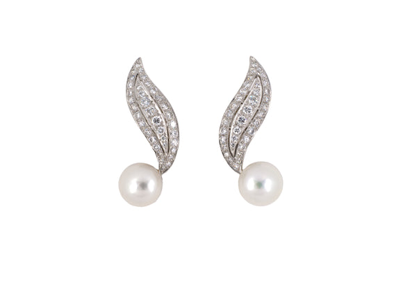 54254 - Platinum Diamond Pearl Swirl Leaf Button Drop Earrings