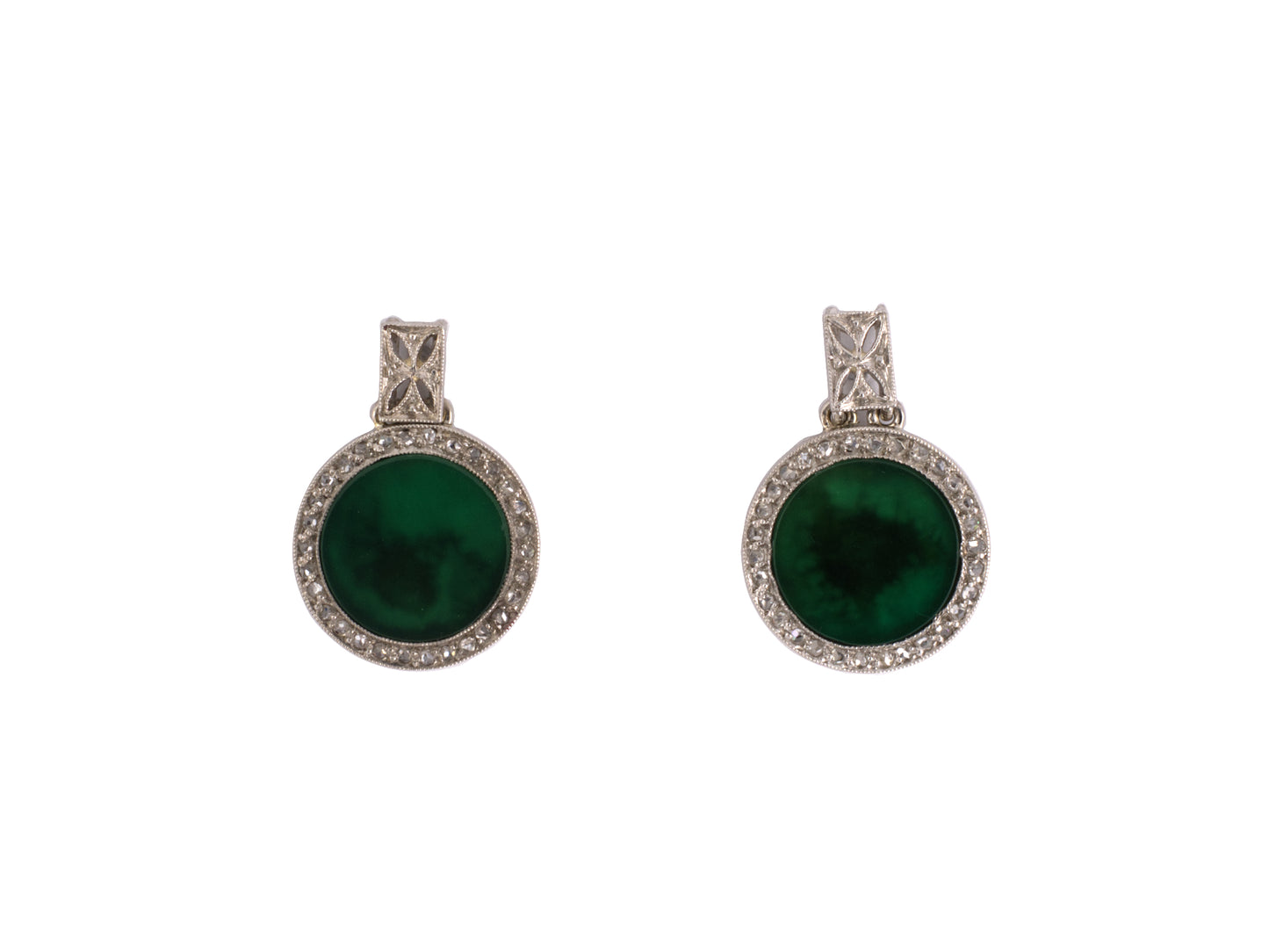 54260 - SOLD - Art Deco Platinum Diamond Green Onyx Earrings