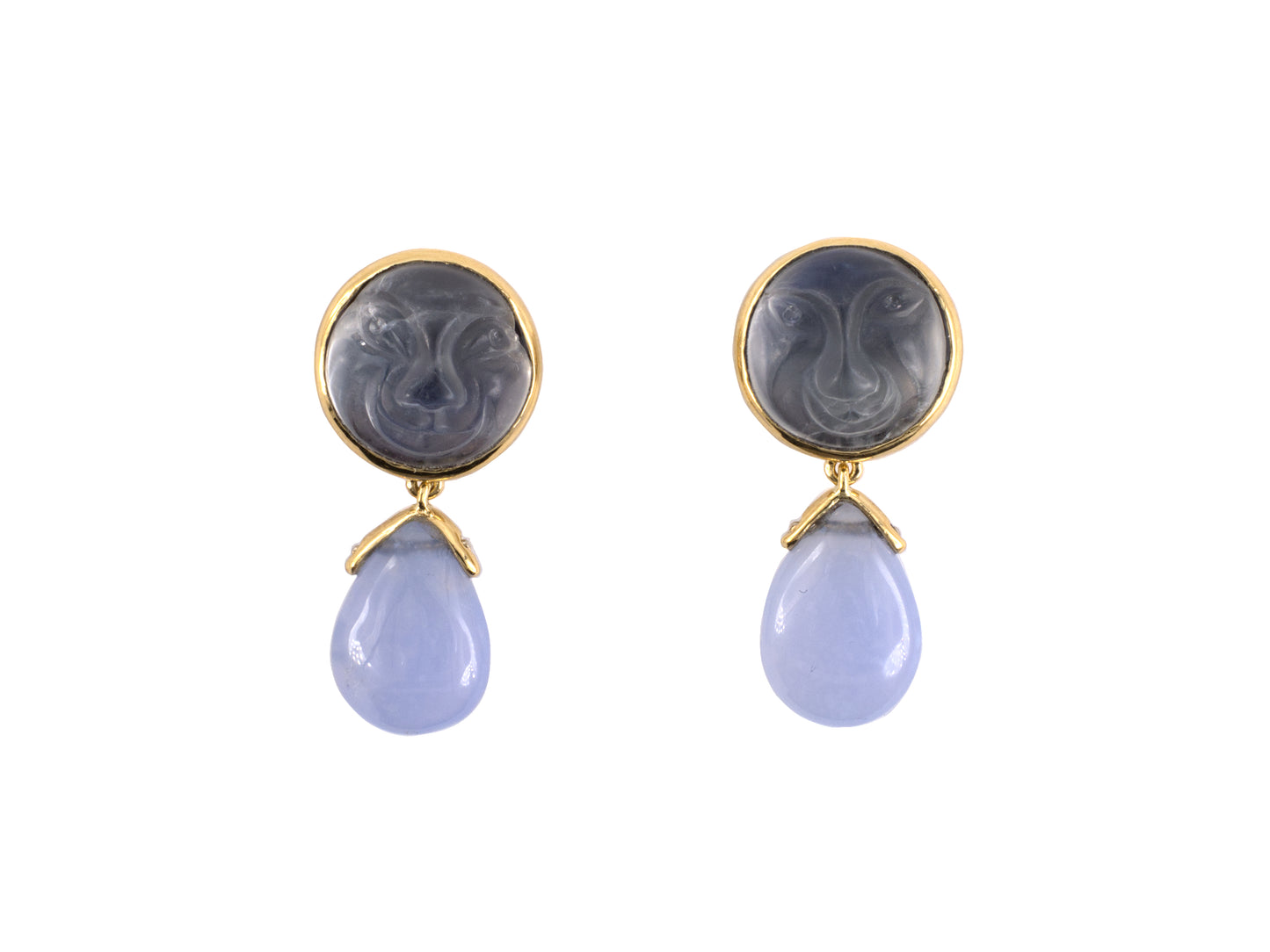 54268 - SOLD - Gold Moonstone Blue Chalcedony Earrings