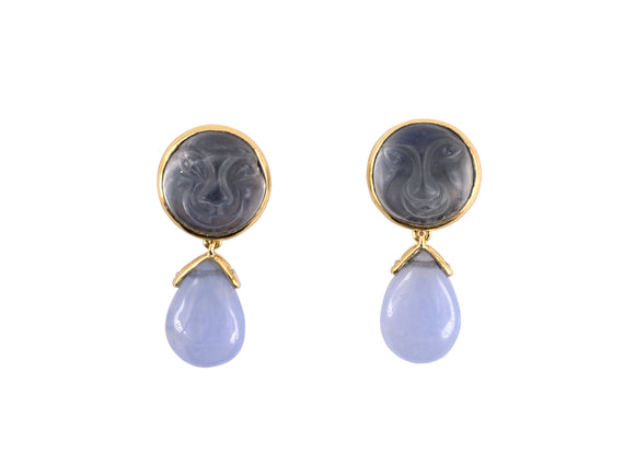 54268 - Gold Moonstone Blue Chalcedony Earrings