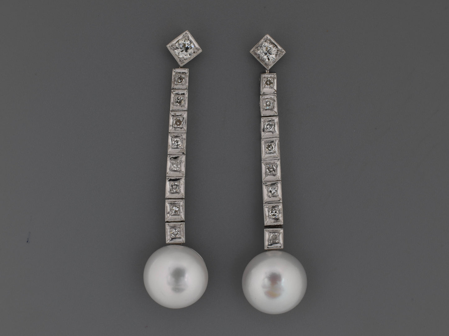 54283 - SOLD - Platinum Gold Diamond Pearl Dangle Drop Earrings