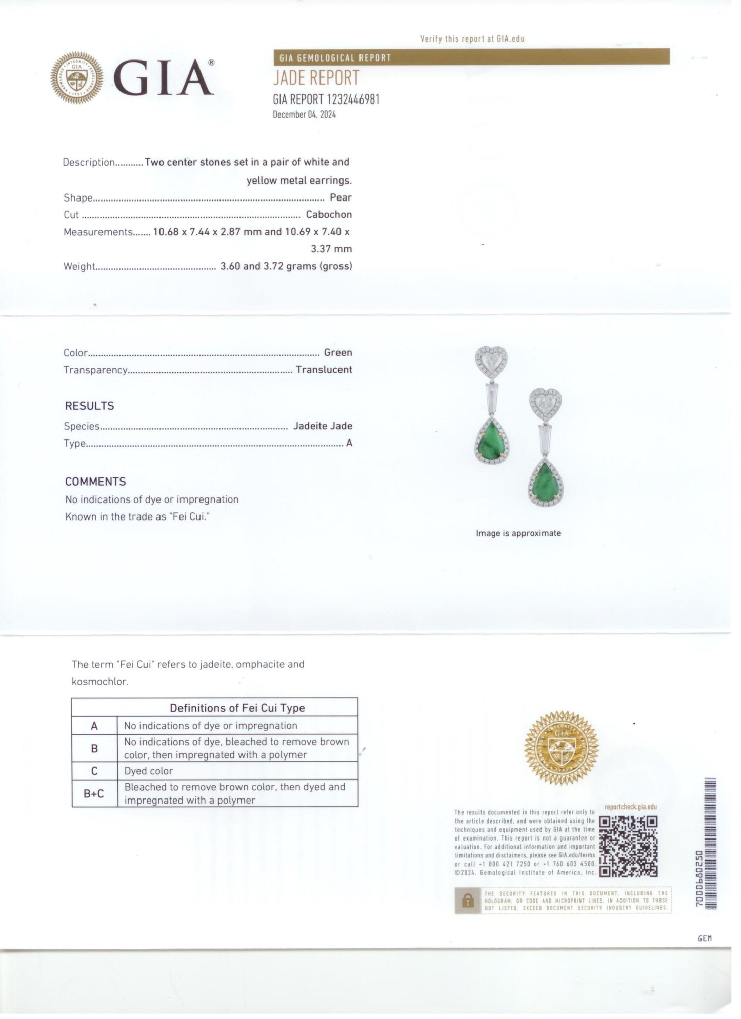 54320 - SOLD - Gold Heart Diamond GIA Jadeite Pear Shape Drop Dangle Earrings