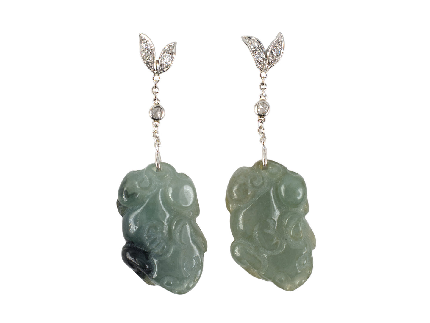 54391 - Platinum Diamond Leaf Carved Jadeite Frog Dangle Drop Earrings
