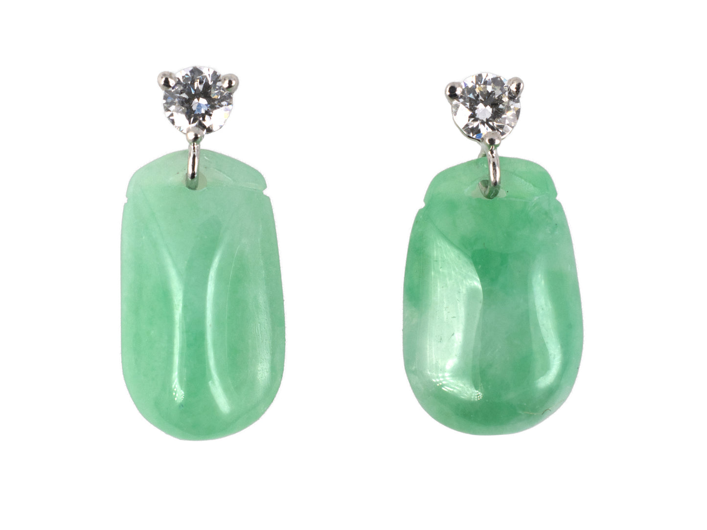 54396 - Platinum Diamond Green Jadeite Briolette Dangle Drop Earrings