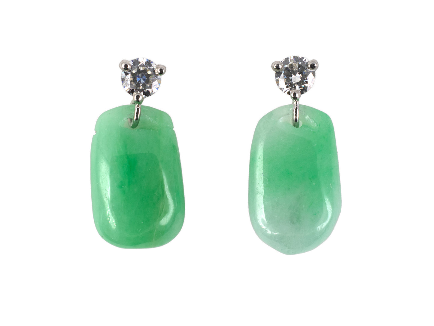 54397 - Platinum Diamond Green Jadeite Briolette Dangle Drop Earrings