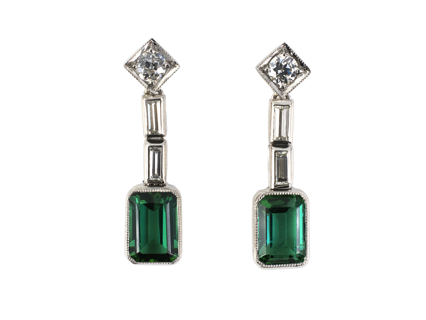 54407 - SOLD - Platinum Diamond Green Tourmaline Drop Earrings