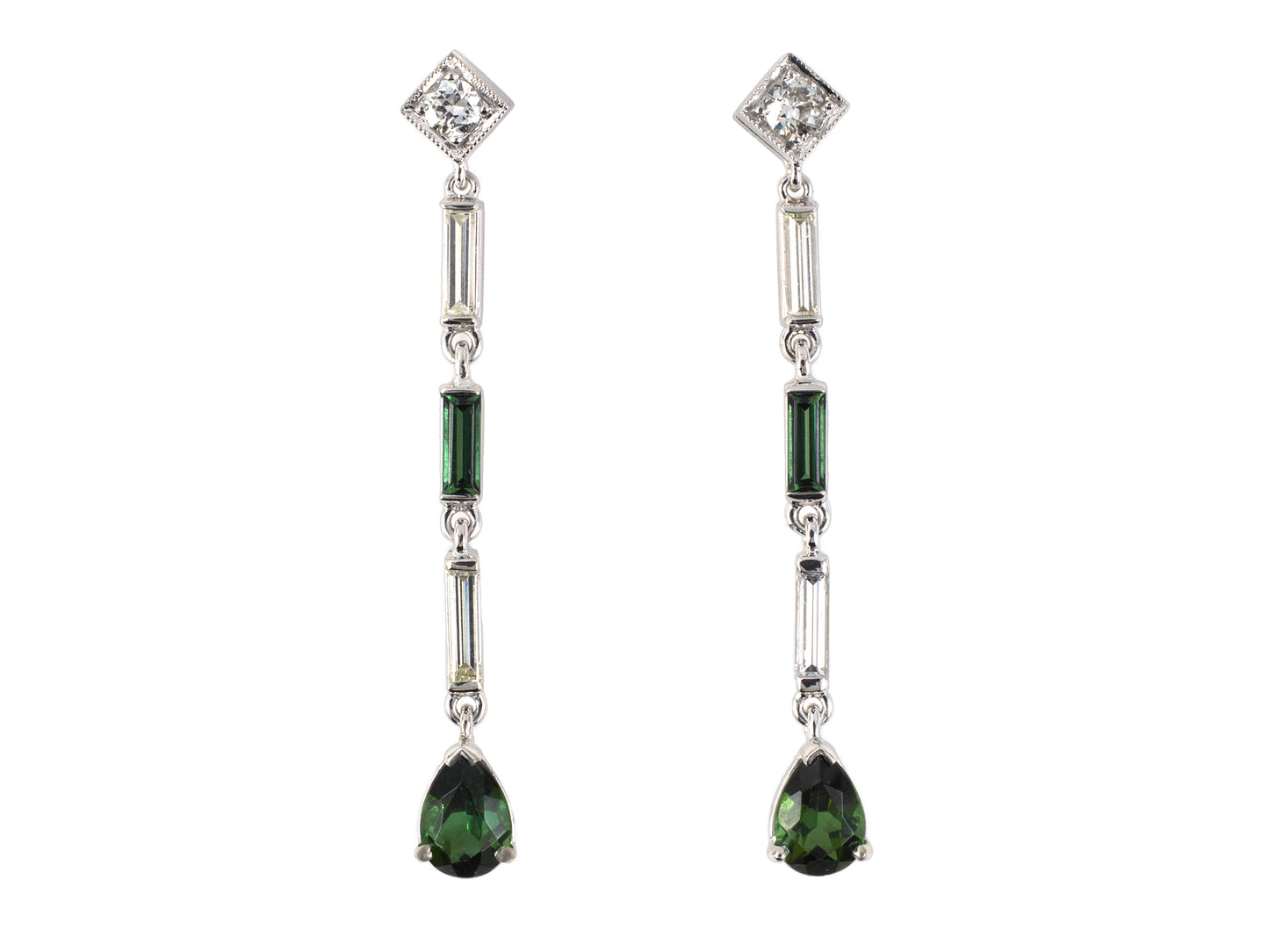 54408 - Platinum Diamond Green Tourmaline Dangle Drop Earrings