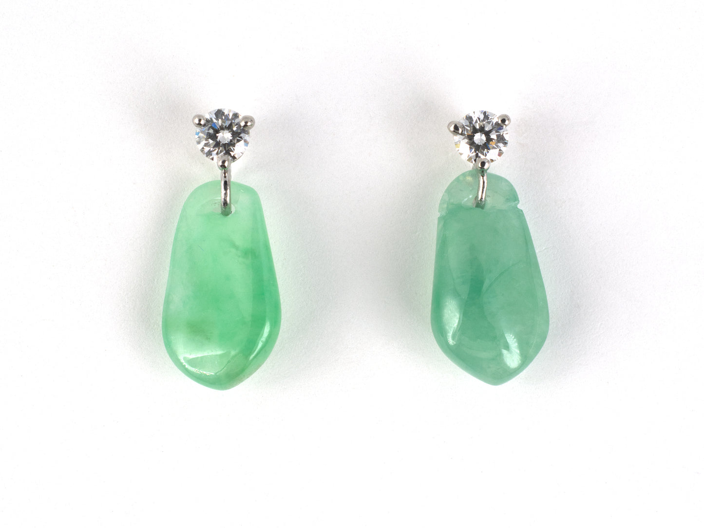 54424 - Platinum Diamond Green Jadeite Briolette Dangle Drop Earrings