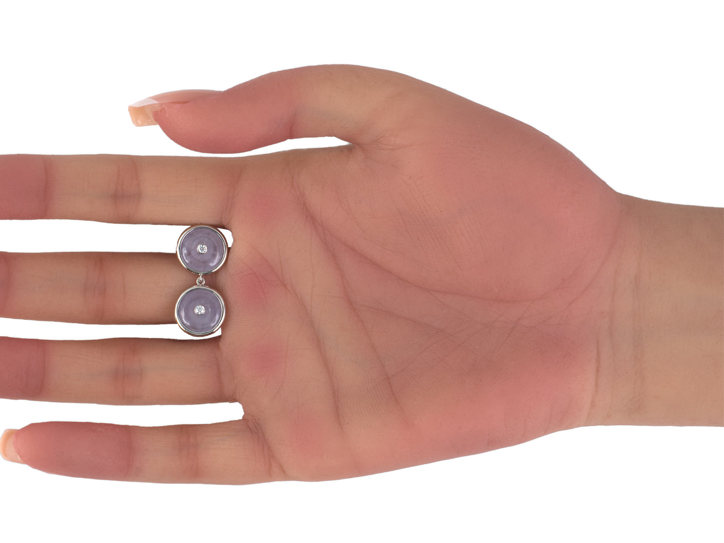 54434 - Platinum Diamond Lavender Jadeite Pi Disc Dangle Drop Earrings