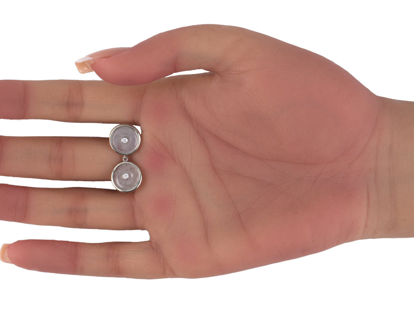 54437 - Platinum Diamond White Jadeite Pi Disc Dangle Drop Earrings