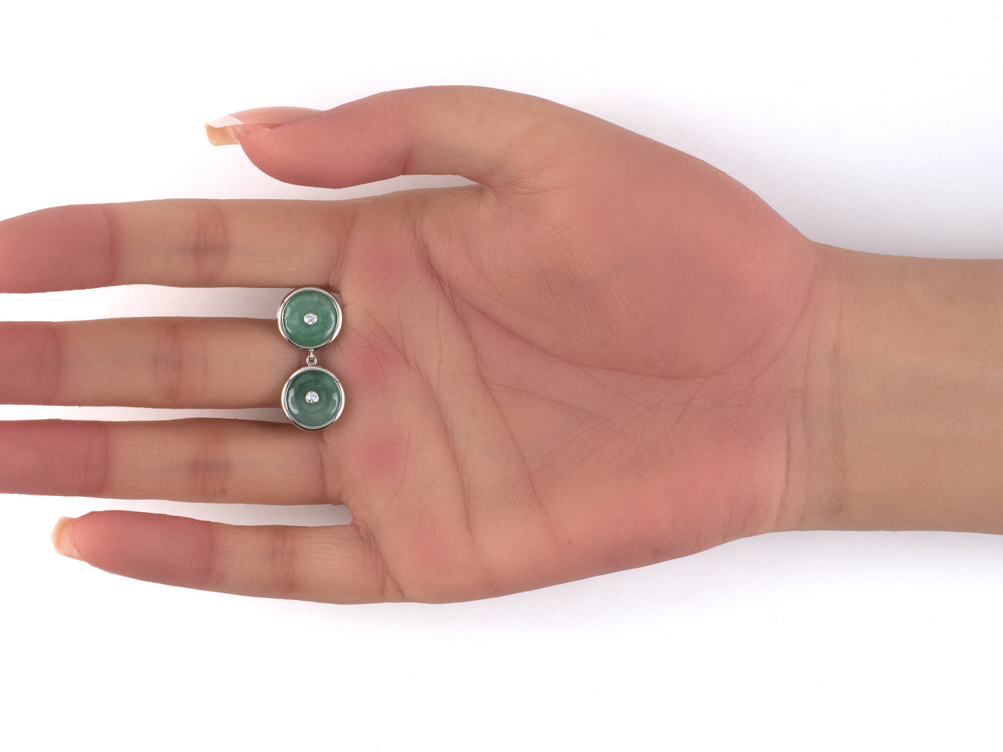 54446 - Platinum Diamond Jadeite Pi Disc Dangle Drop Earrings