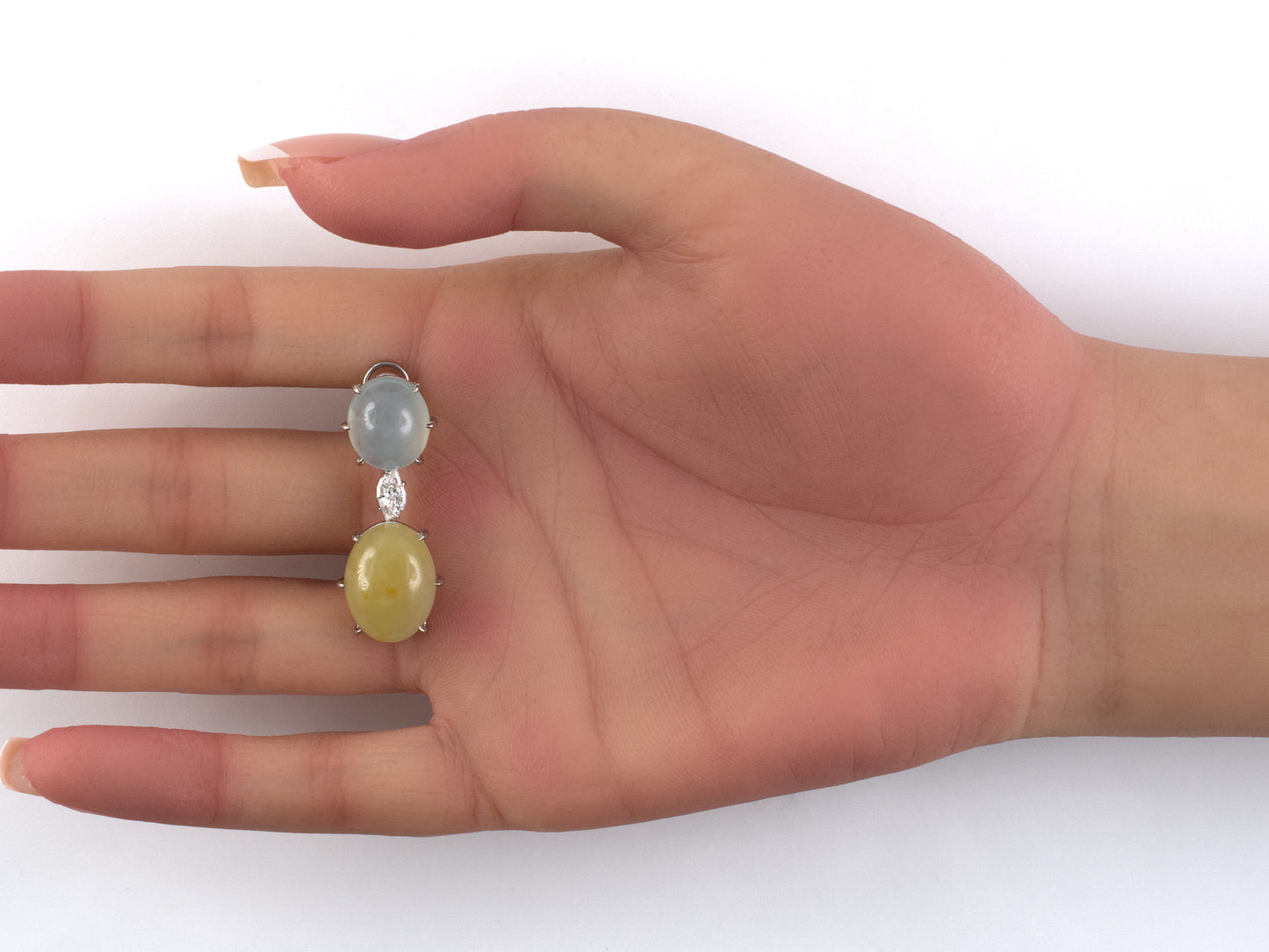 54506 - Platinum Diamond Yellow & Sea Green Jadeite Drop Earrings