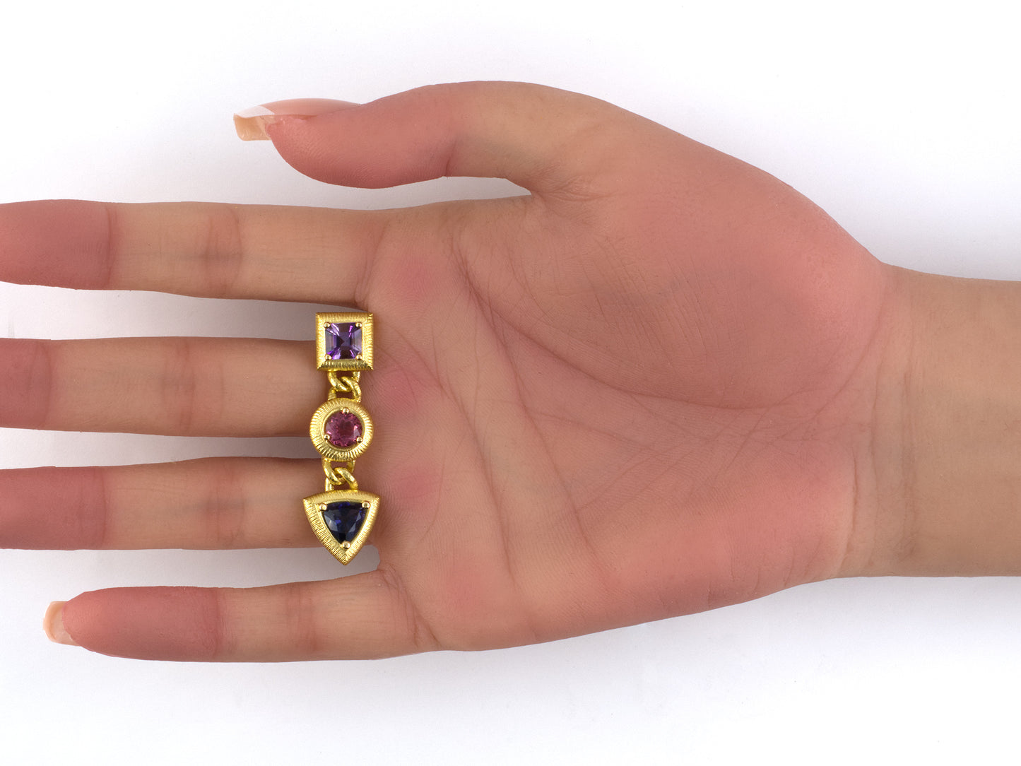 54513 - Circa 1994 Paul Morelli Gold Amethyst Tourmaline Iolite Geometric Dangle Drop Earrings