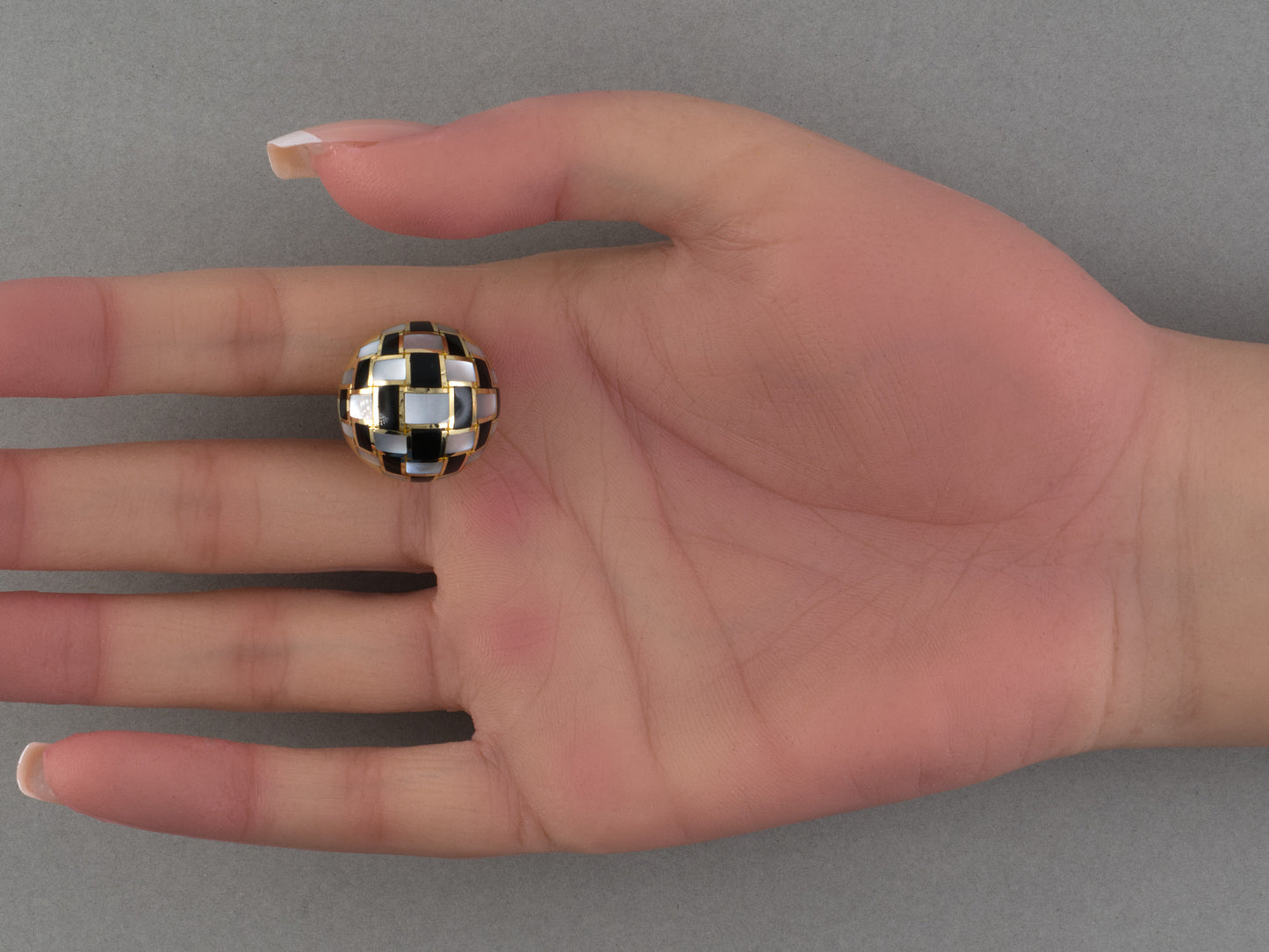 54517 - Circa 1980s Tiffany Gold Black Jade Mother Of Pearl Checkerboard Domed Earrings