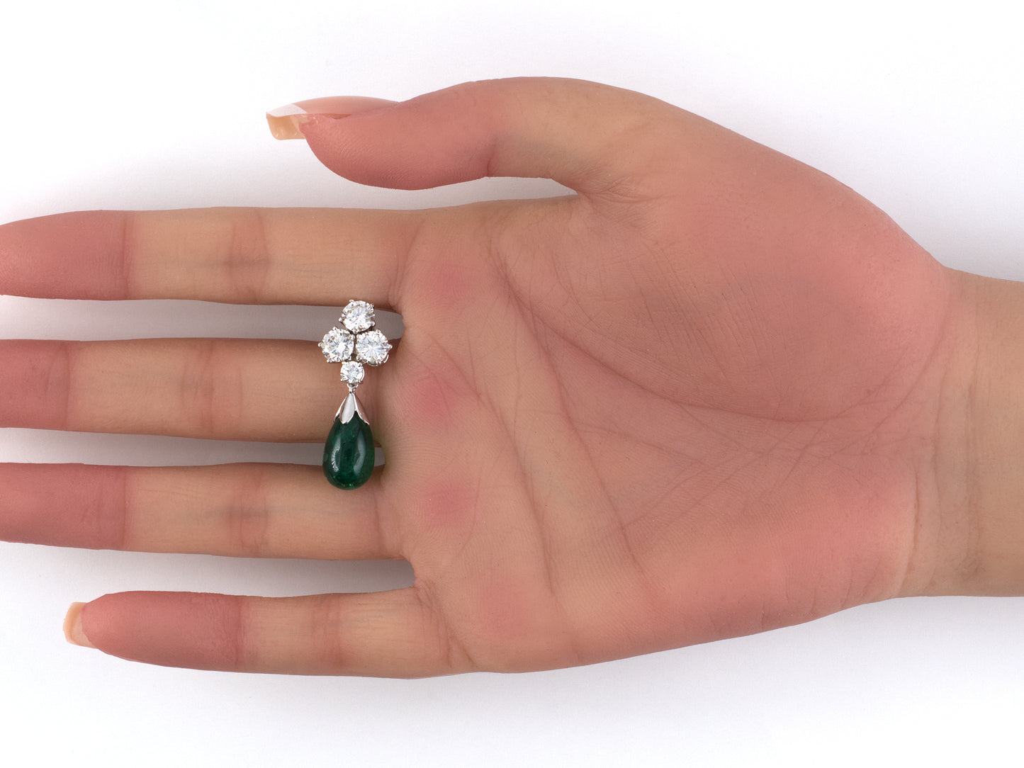 54549 - Circa 1950s Platinum Diamond Emerald Drop Dangle Earrings