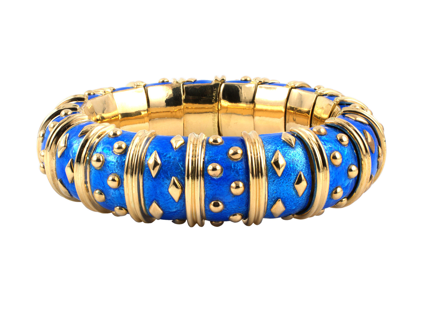 72613 - SOLD - Circa 1965 Schlumberger Gold Blue Enamel Dot Losange Bangle Bracelet