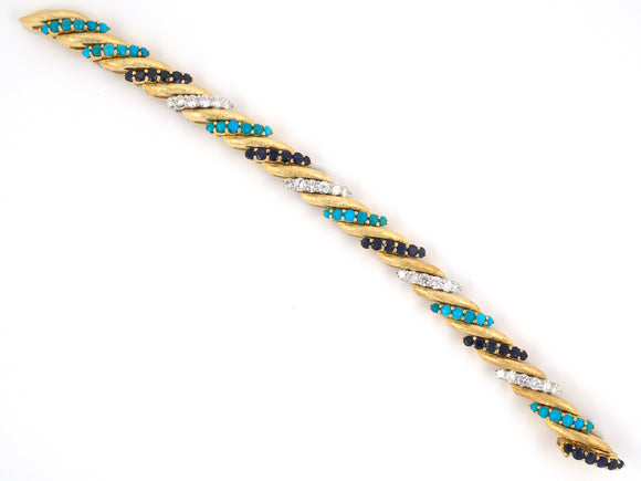 73382 - Gold Diamond Turquoise & Sapphire Barber Pole Bracelet
