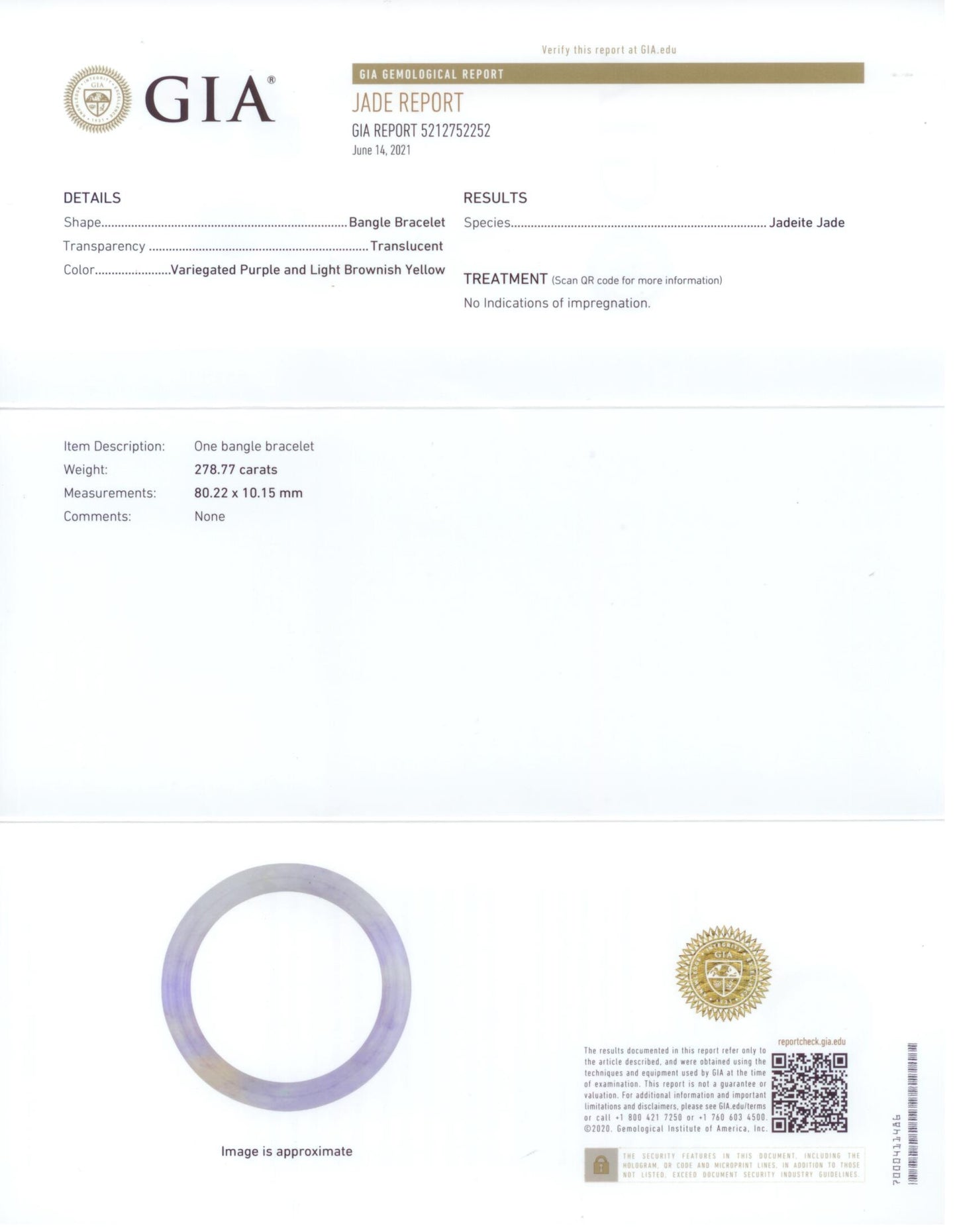73617 - SOLD - Jadeite GIA Tubular Purple Light Brownish-Yellow Closed Bangle Bracelet
