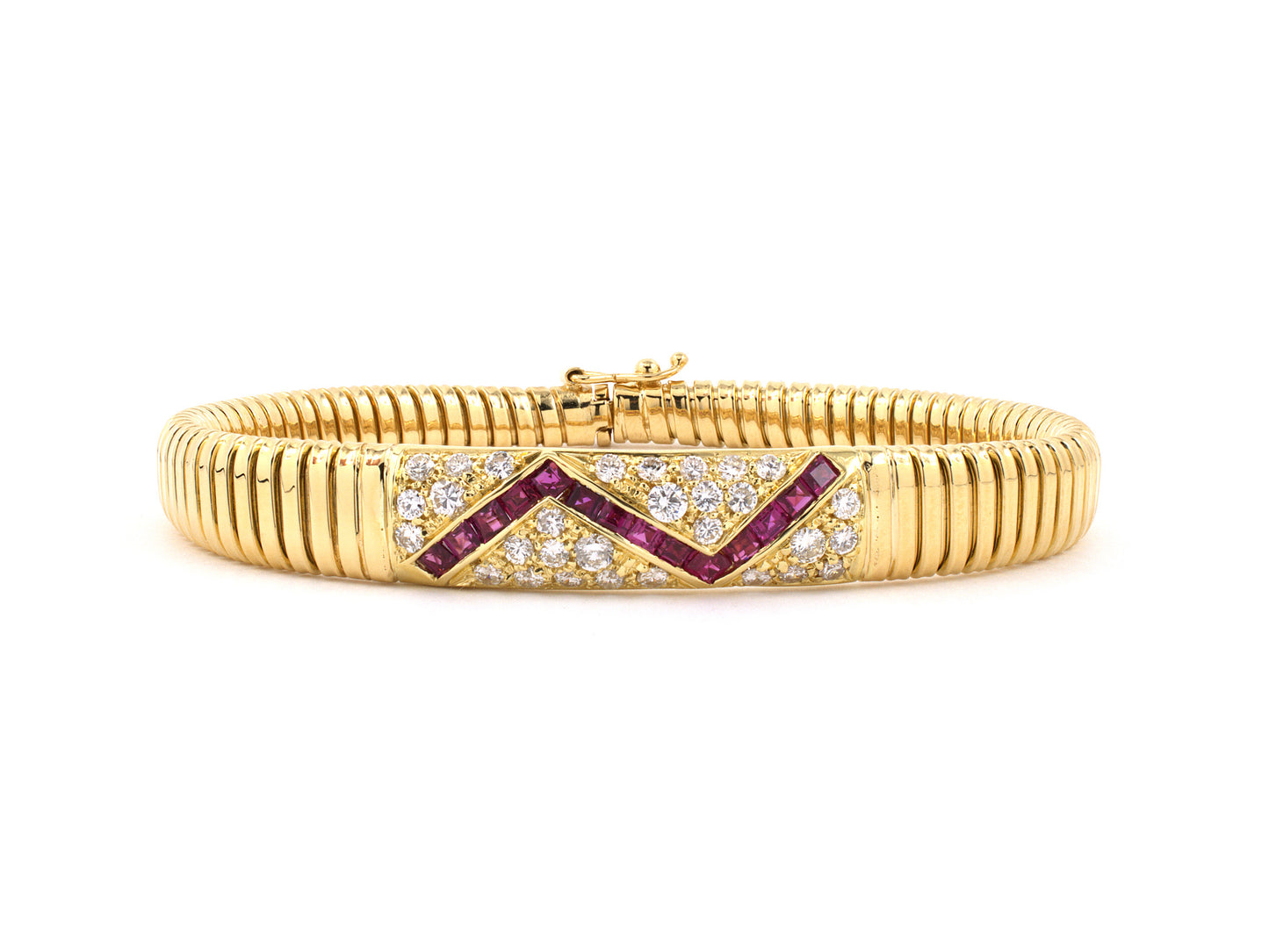 73649 - SOLD - Cartier Circa 1950 Gold Ruby Diamond Gooseneck Bracelet