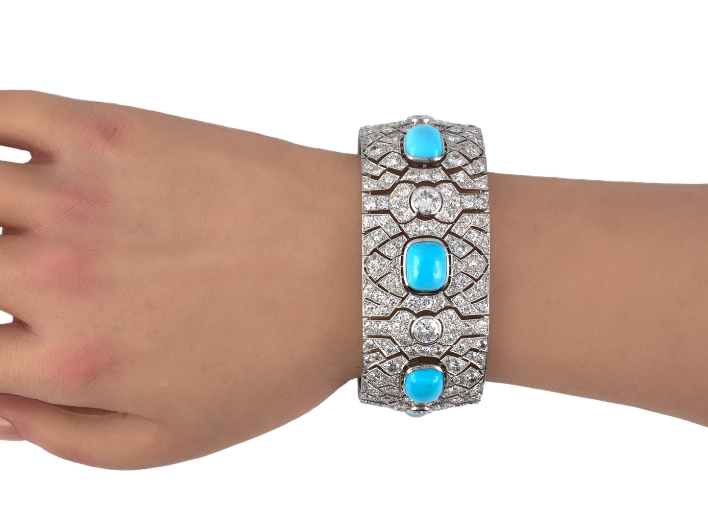 73686 - Art Deco Dante Raiser French Platinum Turquoise Diamond 7 Section Bracelet