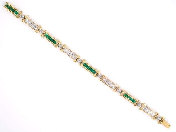 73830 - Circa 1930 Gold Platinum Diamond Emerald Bracelet