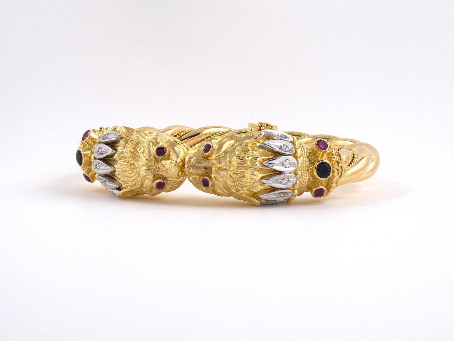 73835 - SOLD - Lalaounis Greece Gold Diamond Ruby Sapphire Twin Headed Lions Bangle Bracelet