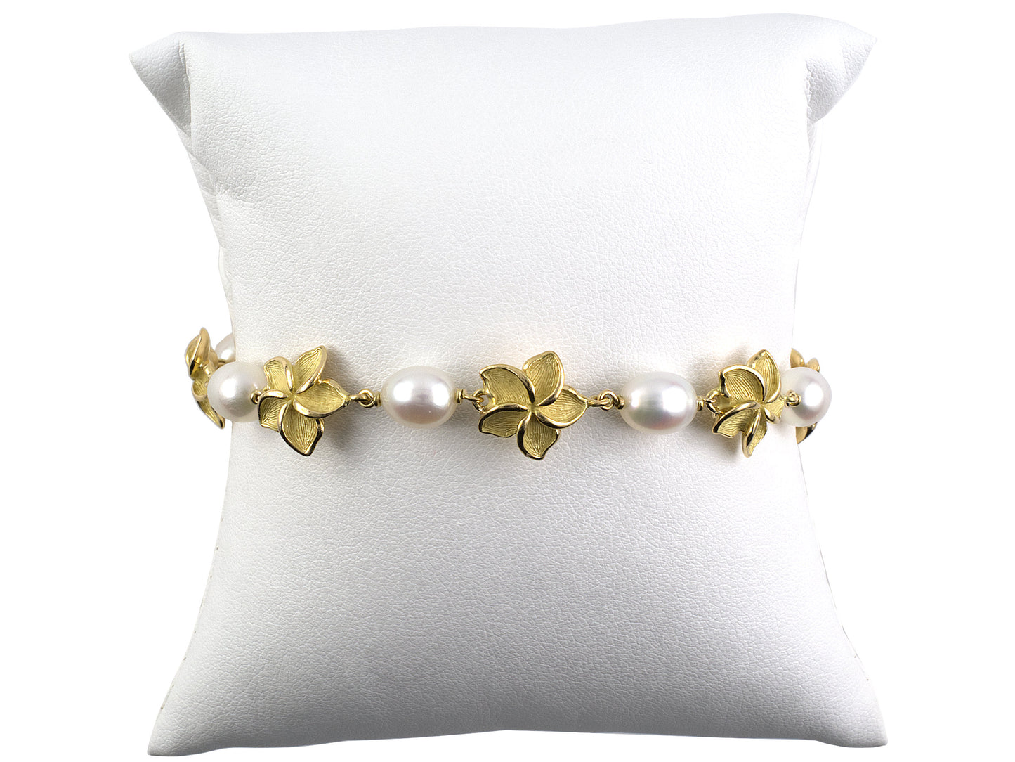 73886 - SOLD - Gold Pearl Tiffany Plumeria Flower Bracelet