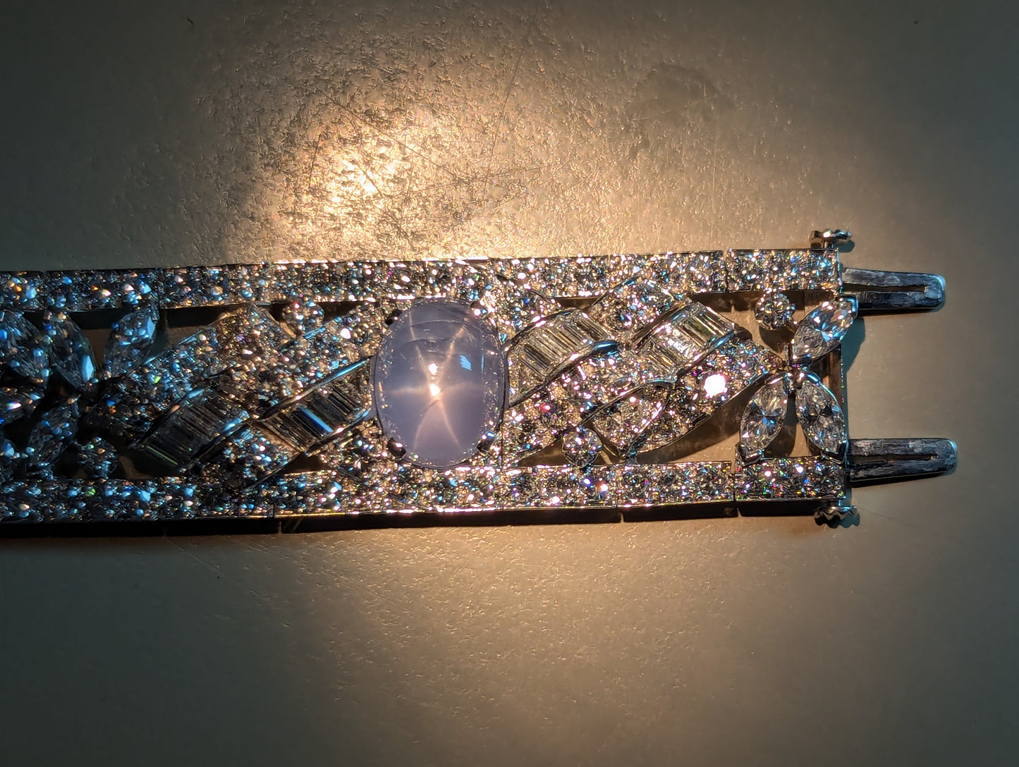 73902 - SOLD - Art Deco Platinum Star Sapphire Diamond Floral Ribbon Bracelet