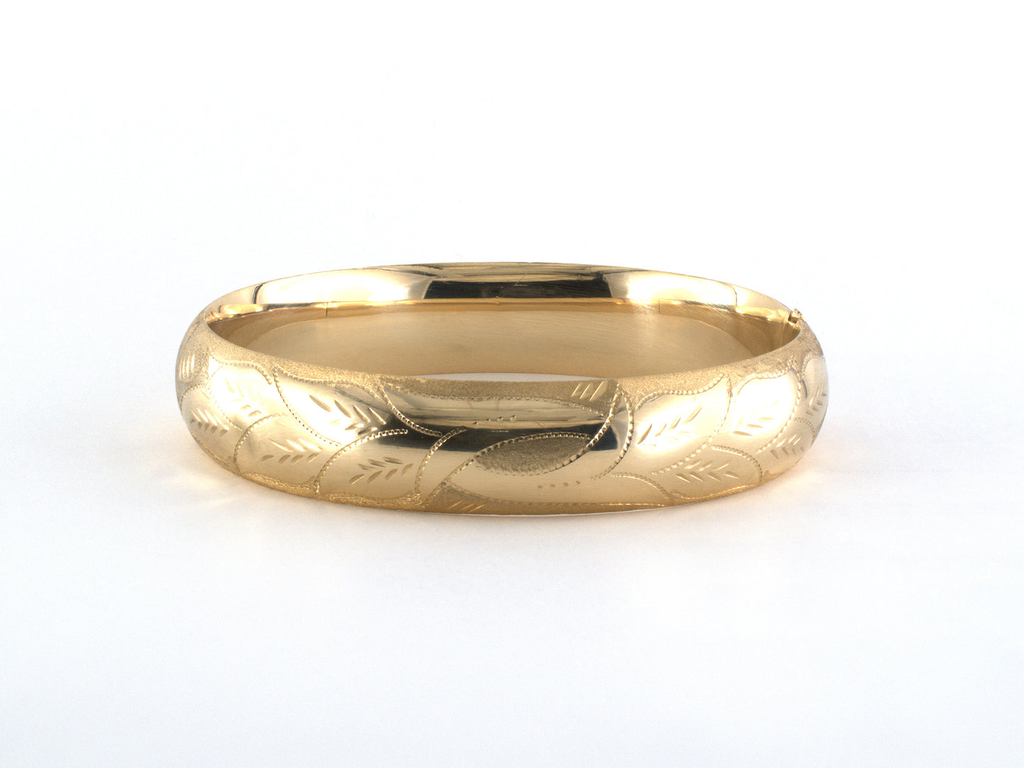 73921 - SOLD - Gold Hollow Carved Leaf Hinged Bangle Bracelet