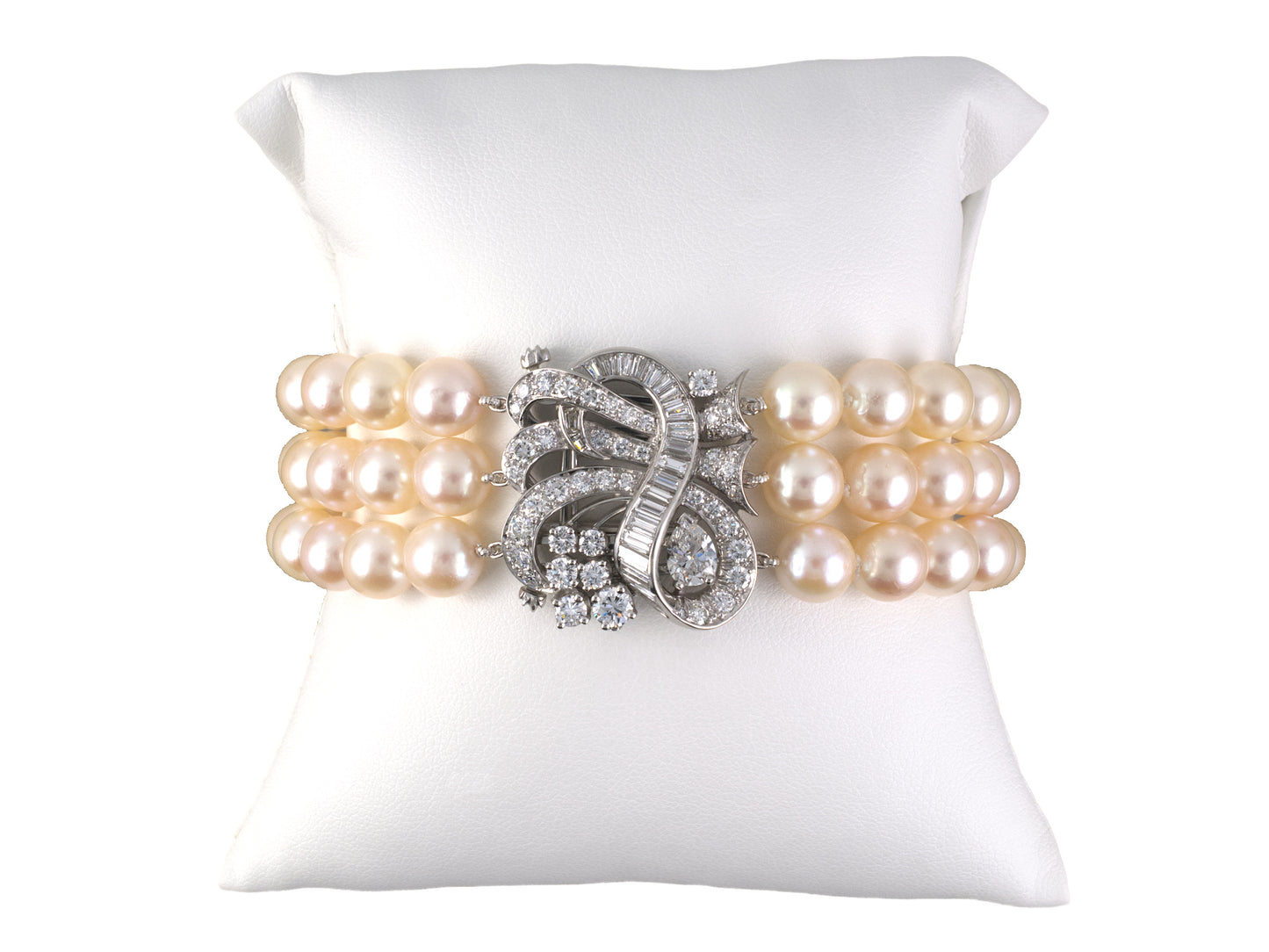 73938 - Circa 1960s Platinum Diamond Akoya Pearl 3-Row Swirl Ribbon Bracelet
