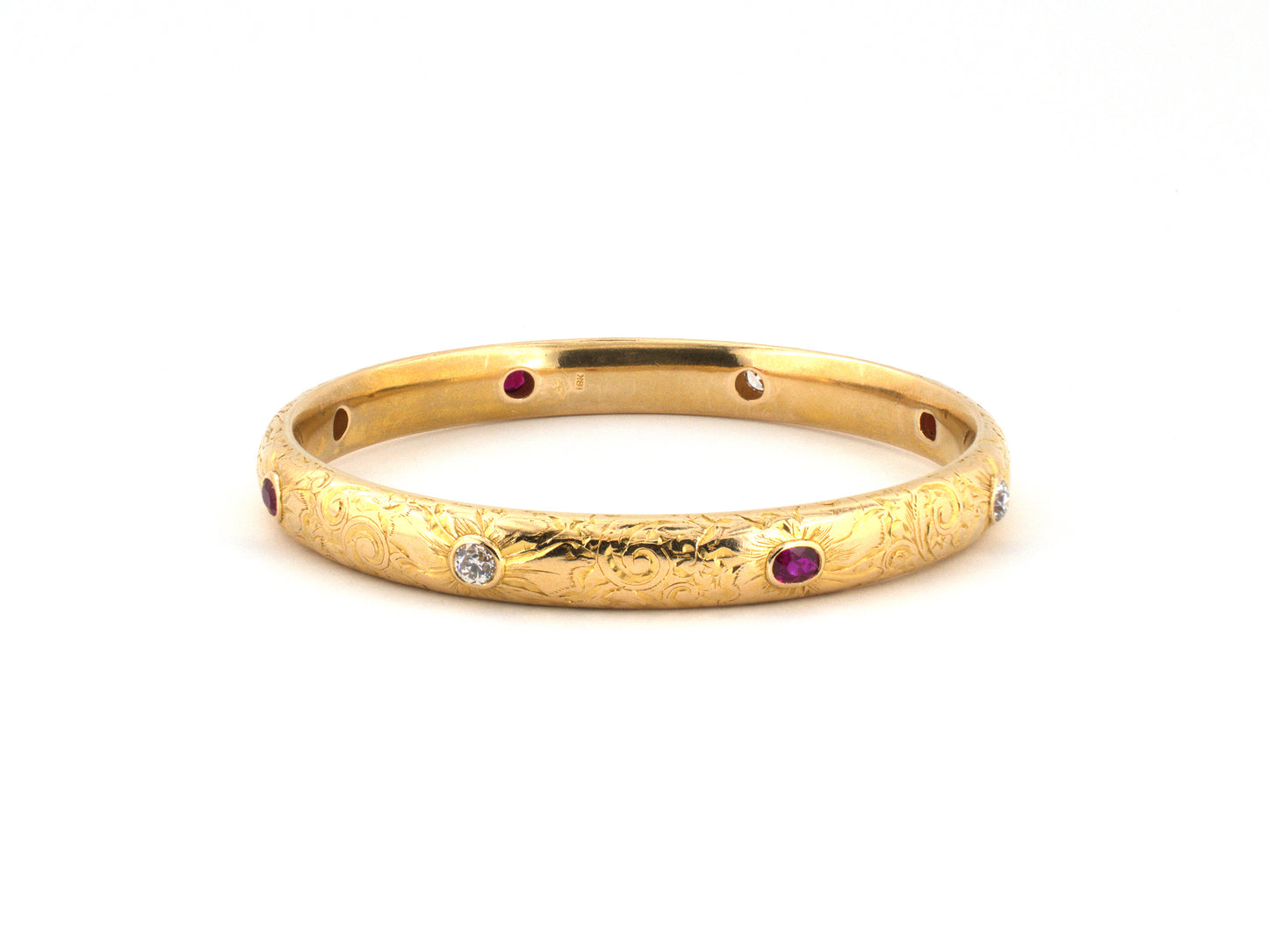 73951 - Art Nouveau Rikers Bros Gold Ruby Diamond Carved Floral Bangle Bracelet