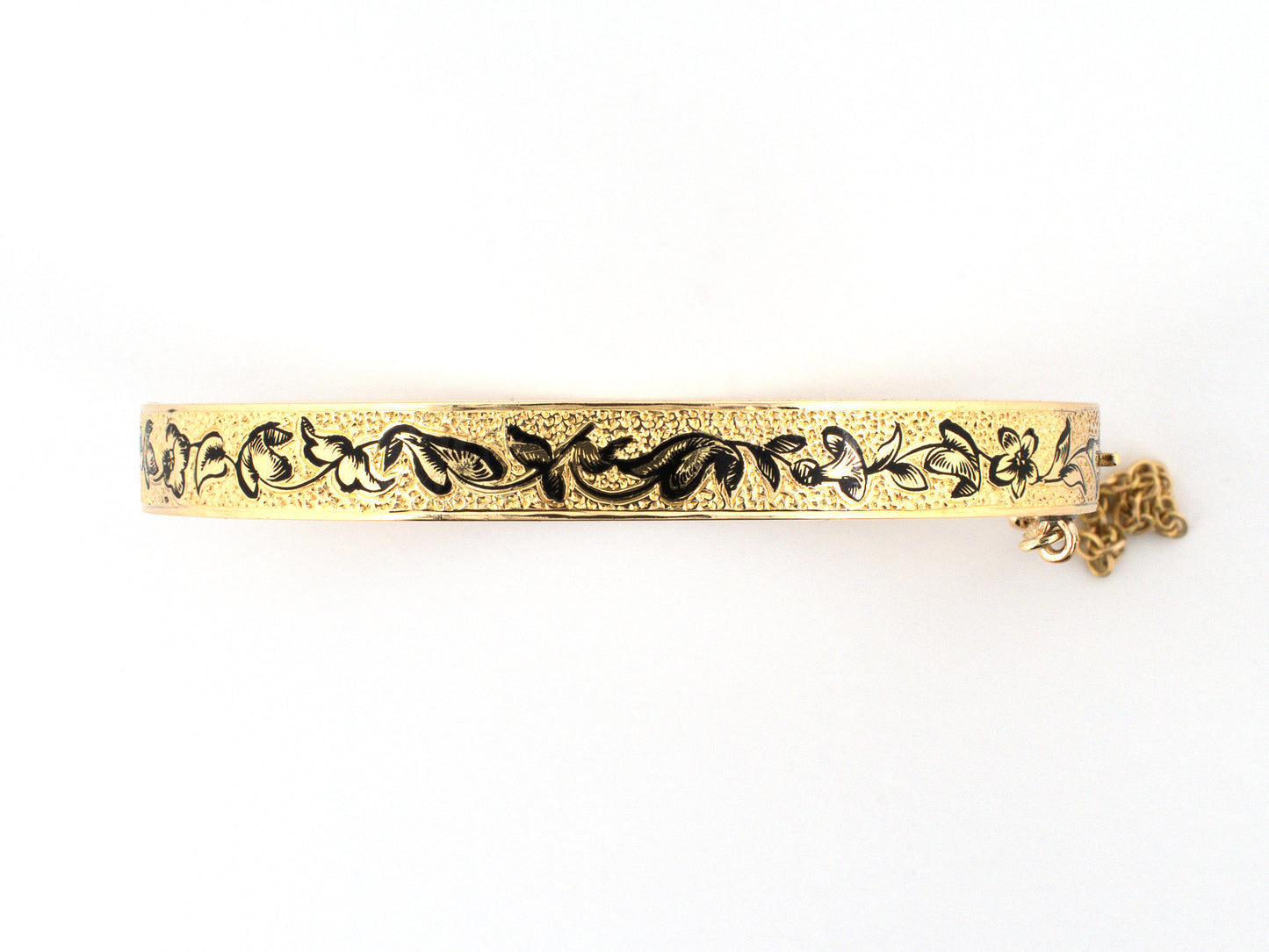 73967 - Circa 1869 Victorian Gold Black Enamel Carved Floral Hinged Baby Bangle Bracelet
